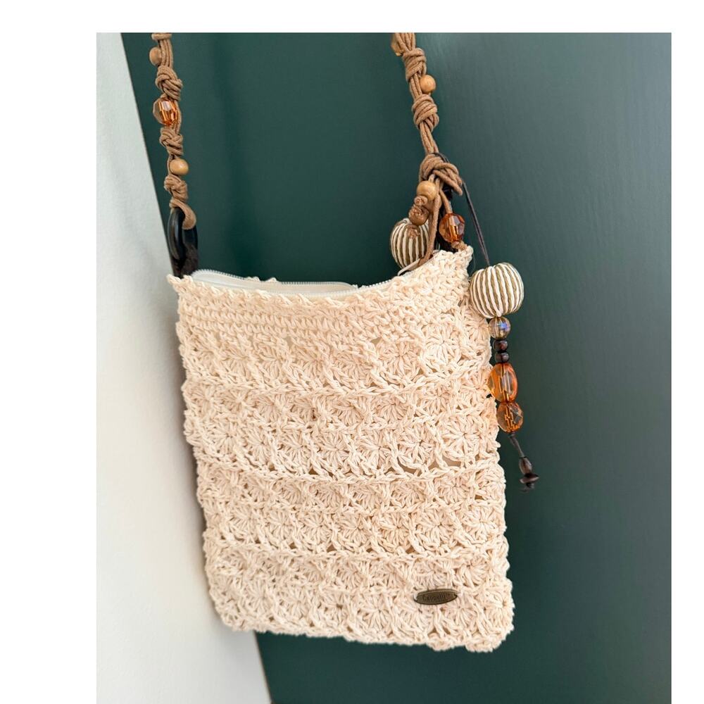 Cappelli Straworld Crochet Raffia Crossbody Bag with Beaded Strap & Charms
